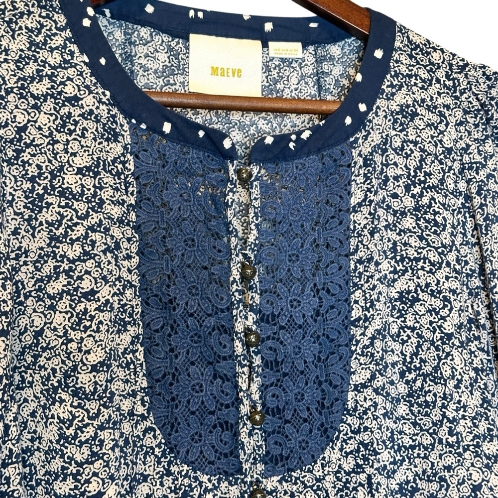 (Sold)ANTHROPOLOGIE MAEVE Hiver Peasant Blue Blouse Lace Detail Size 2 - Picture 5 of 9